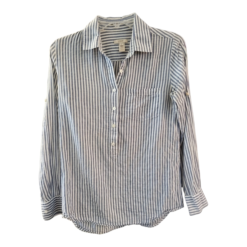 J. Crew Women's Blue White Striped Pocket Popover Tunic Roll Tab Sleeve- Size 00